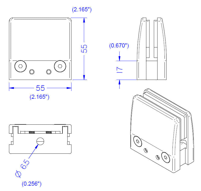 Adjustable Tapered Square Glass Clamp for Flat Mounting Made of Stainless Steel