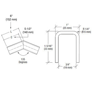 CRL 11 Gauge 135 Degree Horizontal Corner for 1/2" Glass Low Profile Cap Rail