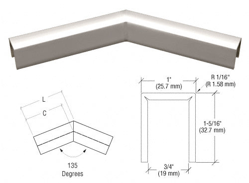 CRL Stainless 11 Gauge 135 Degree Horizontal Corner for 1/2" Glass Crisp Corner Low Profile Cap Rail