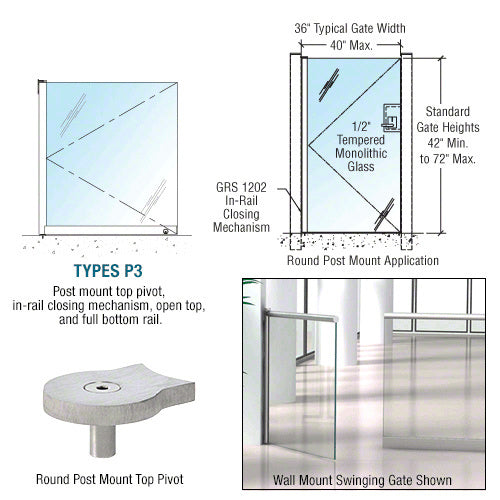 CRL 1202 Series Custom Post Mounted Gate w/In-Rail Closing Mechanism, Open Top, and Full Bottom Rail