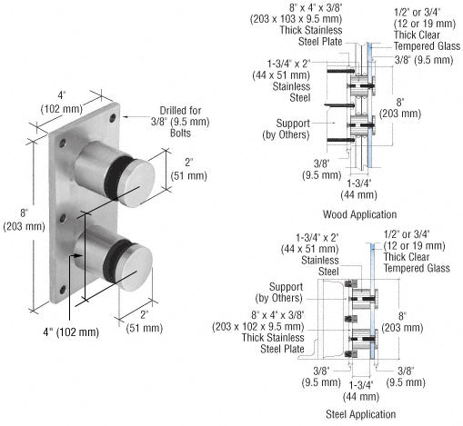 CRL 316 Stainless Steel Standard 2" Glass Rail Standoff Fitting with Mounting Plate