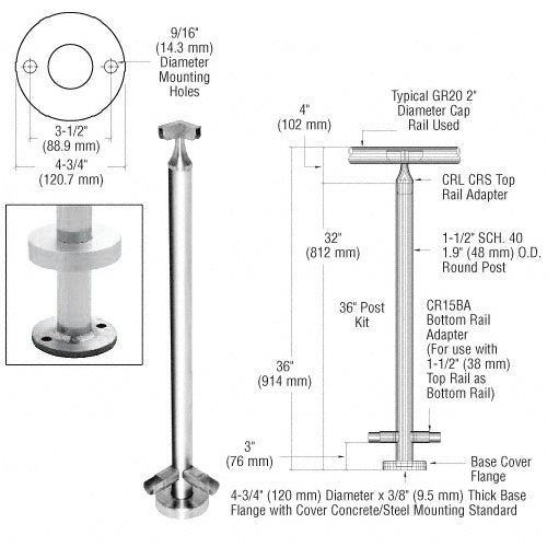 CRL 36" CRS Stainless Steel 90 Degree Corner Post Kit