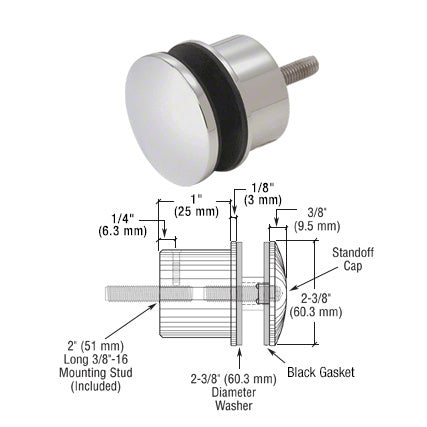 CRL 316 Stainless 2-3/8" x 1" Point Supported Standoff Base and Domed Cap
