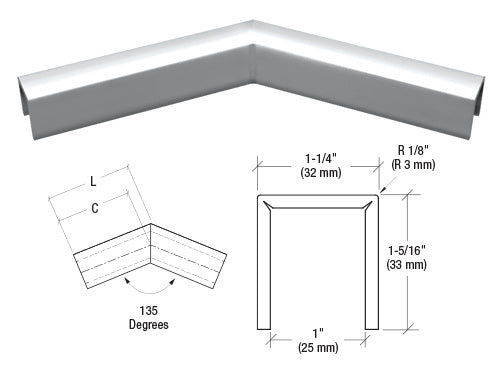 CRL Stainless 11 Gauge 135 Degree Horizontal Corner for 3/4" Glass Crisp Corner Low Profile Cap Rail