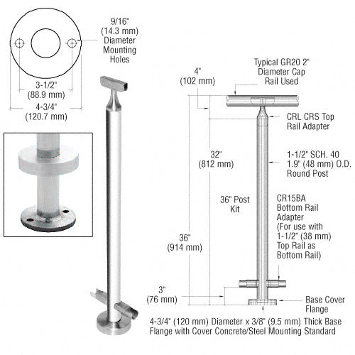 CRL 36" CRS Stainless Steel 180 Degree Center Post Kit