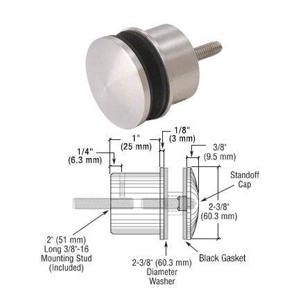 CRL 316 Stainless 2-3/8" x 1" Point Supported Standoff Base and Domed Cap