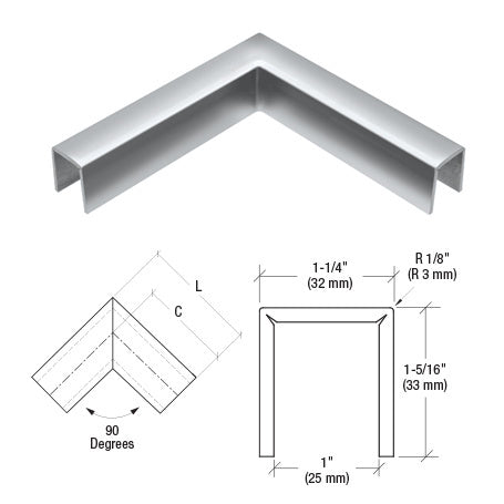 CRL Stainless 11 Gauge 90 Degree Horizontal Corner for 3/4" Glass Crisp Corner Low Profile Cap Rail