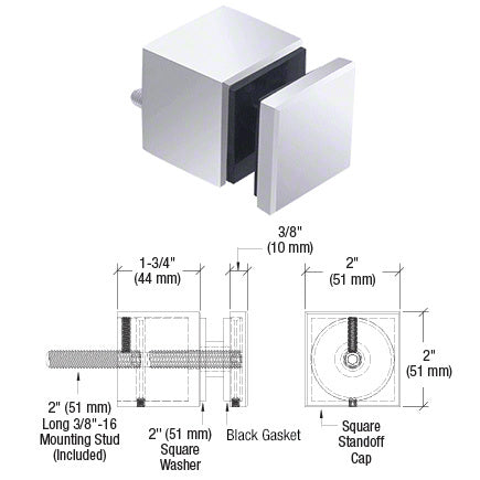CRL Glass Rail Square Standoff Base and Cap - 1-3/4" Projection