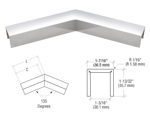 CRL 316 Stainless L10 Series U-Channel 135 Degree Horizontal Corner for 21.52 mm Laminated Glass Cap Railing