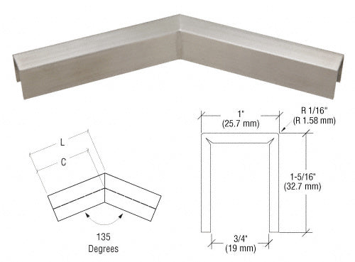 CRL Stainless 11 Gauge 135 Degree Horizontal Corner for 1/2" Glass Crisp Corner Low Profile Cap Rail