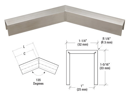 CRL Stainless 11 Gauge 135 Degree Horizontal Corner for 3/4" Glass Crisp Corner Low Profile Cap Rail