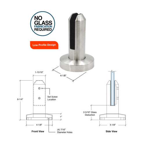 Frameless Fence Clamps - Round Surface Mount 3/8" - 9/16" Glass