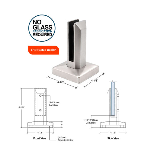 Frameless Fence Clamps - Square Surface Mount 3/8" - 9/16" Glass
