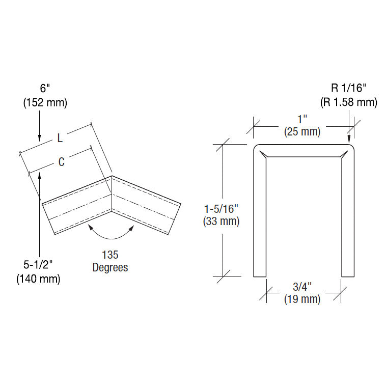 CRL 316 Stainless 11 Gauge 135 Degree Horizontal Corner for 1/2" Glass Crisp Corner Low Profile Cap Rail