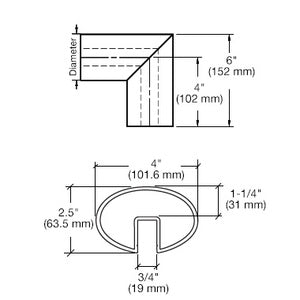 CRL Mill Aluminum 4" x 2-1/2" Oval Horizontal Corner for 1/2" or 5/8" Glass Oval Cap Railing
