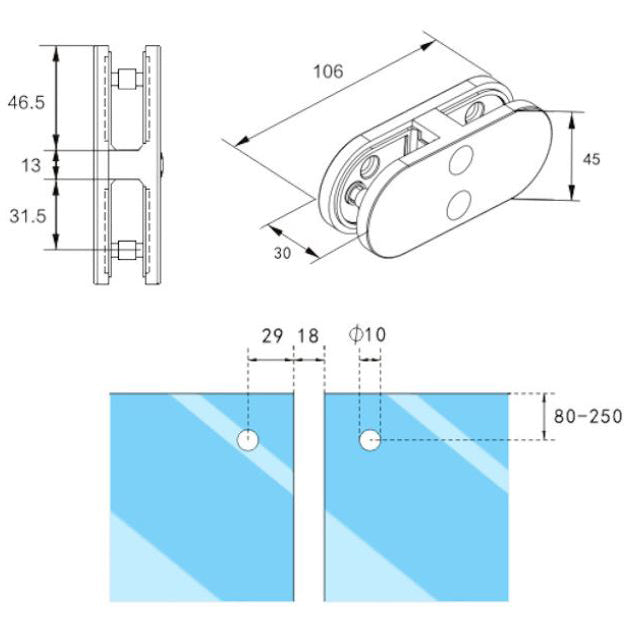 180° Connector for Glass, with Rounded Ends