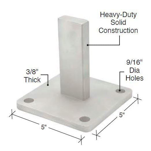 Post Stanchion with 5" Square Base For 1" x 2" Rectangular Rail - Mill Stainless Steel