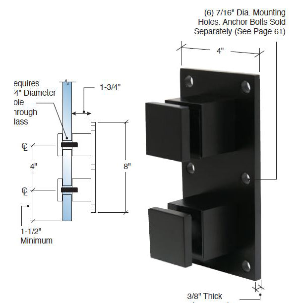 Glass Rail Standoffs 2" Square with Mounting Plate