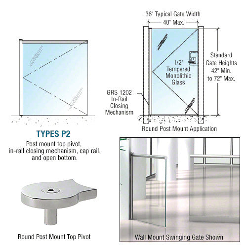 CRL 1202 Series Custom Post Mounted Gate w/In-Rail Closing Mechanism, Cap Rail, and Open Bottom