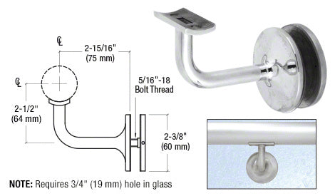 CRL Pismo Series Glass Mounted Hand Rail Bracket for 1-1/2" and 1.66" Diameter Hand Rail Tubing