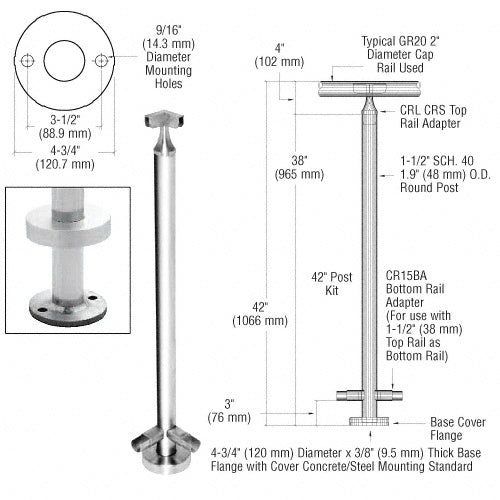 CRL 42" CRS Stainless Steel 90 Degree Corner Post Kit