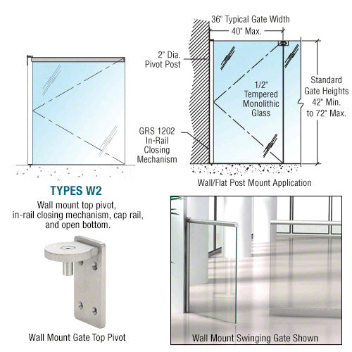 CRL 1202 Series Custom Wall Mounted Gate w/In-Rail Closing Mechanism, Cap Rail, and Open Bottom