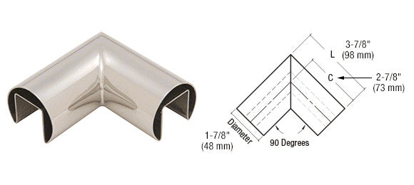 CRL 1-7/8" Grade 316 Stainless Steel 90 Degree Horizontal Roll Formed Cap Rails Corner