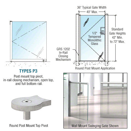 CRL 1202 Series 36 x 42 Post Mounted Gate w/In-Rail Closing Mechanism, Open Top, and Full Bottom Rail