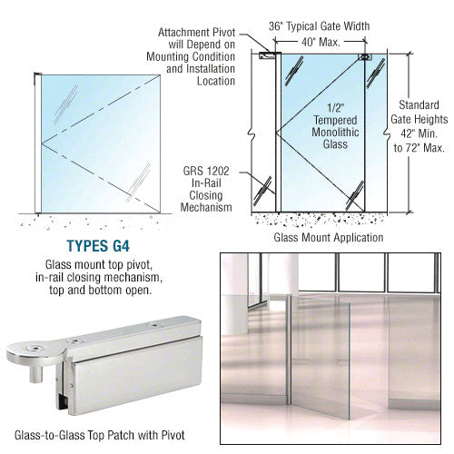 CRL 1202 Series 36 x 60 Glass-to-Glass Mounted Gate w/In-Rail Closing Mechanism, Top and Bottom Open