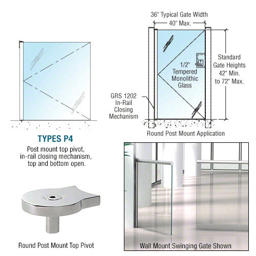 CRL 1202 Series Custom Post Mounted Gate w/In-Rail Closing Mechanism, Top and Bottom Open