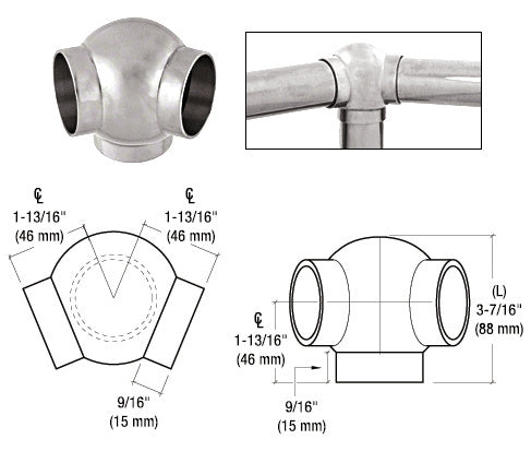 CRL Stainless 3-5/16" 135 Degree Ball Type Side Outlet Elbow for 2" Tubing