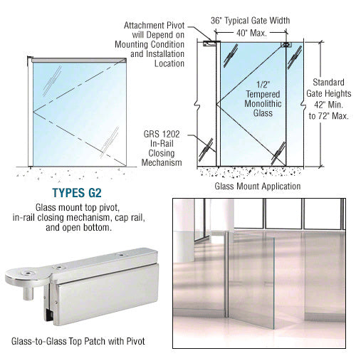 CRL 1202 Series 36 x 60 Glass-to-Glass Mounted Gate w/In-Rail Closing Mechanism, Cap Rail, and Open Bottom