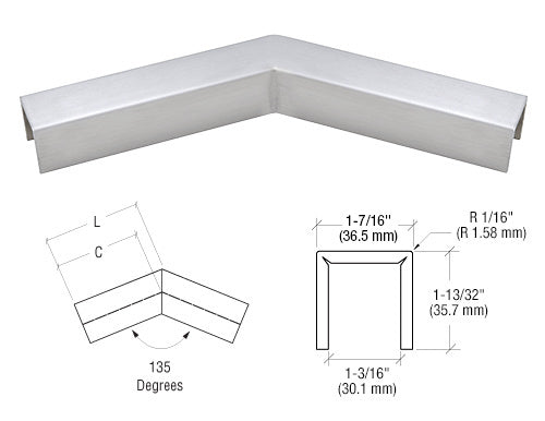 CRL 316 Stainless L10 Series U-Channel 135 Degree Horizontal Corner for 21.52 mm Laminated Glass Cap Railing