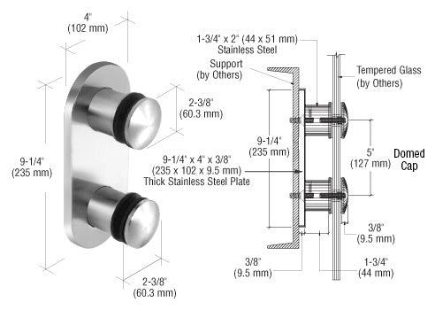 CRL 316 Stainless Steel Dome 2-3/8" Glass Rail Standoff Fitting with Mounting Plate