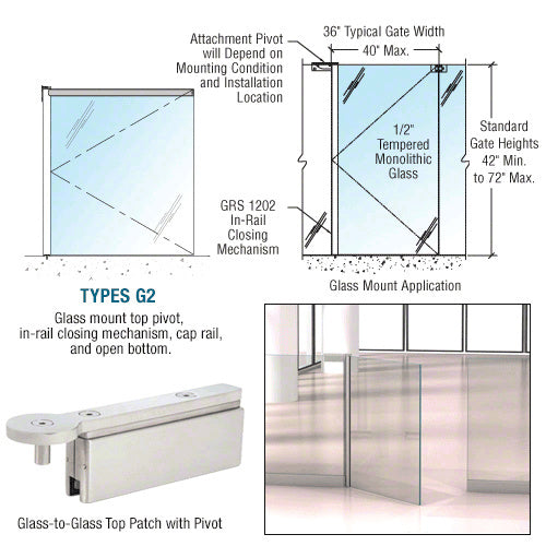 CRL 1202 Series 36 x 42 Glass-to-Glass Mounted Gate w/In-Rail Closing Mechanism, Cap Rail, and Open Bottom