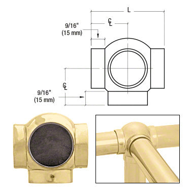 CRL Polished Brass 3-5/16" Ball Type Side Outlet Tees for 2" Thin Wall Tubing