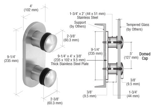 CRL 316 Stainless Steel Dome 2-3/8" Glass Rail Standoff Fitting with Mounting Plate
