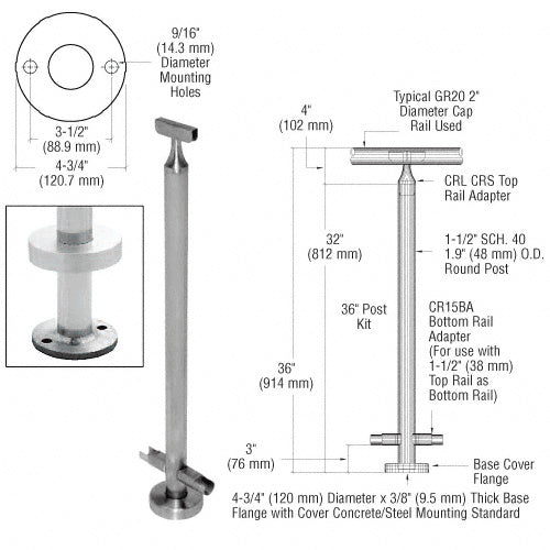 CRL 36" CRS Stainless Steel 180 Degree Center Post Kit