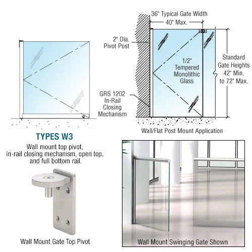 CRL 1202 Series 36 x 60 Wall Mounted Gate w/In-Rail Closing Mechanism, Open Top, and Full Bottom Rail