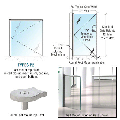 CRL 1202 Series 36 x 42 Post Mounted Gate w/In-Rail Closing Mechanism, Cap Rail, and Open Bottom