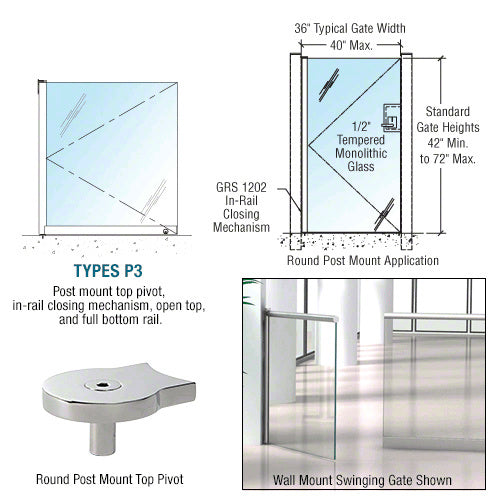 CRL 1202 Series 36 x 42 Post Mounted Gate w/In-Rail Closing Mechanism, Open Top, and Full Bottom Rail