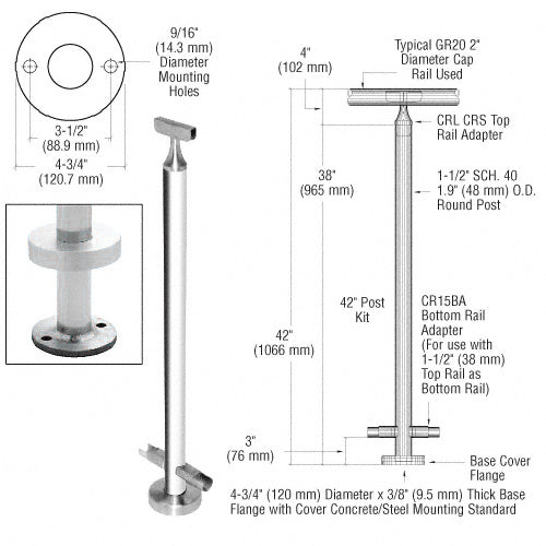 CRL 42" CRS Stainless Steel 180 Degree Center Post Kit