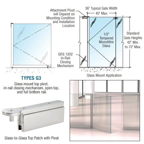 CRL 1202 Series Custom Glass-to-Glass Mounted Gate w/In-Rail Closing Mechanism, Open Top, and Full Bottom Rail