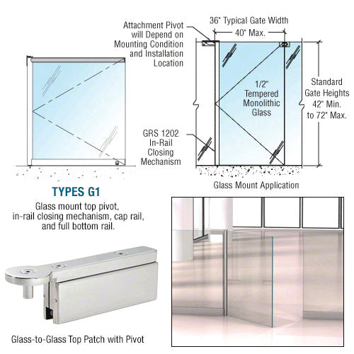 CRL 1202 Series 36 x 60 Glass-to-Glass Mounted Gate w/In-Rail Closing Mechanism, Cap Rail, and Full Bottom Rail