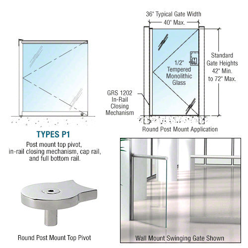 CRL 1202 Series 36 x 42 Post Mounted Gate w/In-Rail Closing Mechanism, Cap Rail, and Full Bottom Rail