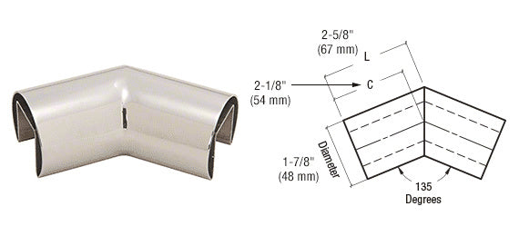 CRL 316 Stainless Steel 1-7/8" Diameter Roll Form 135 Degree Horizontal Corner