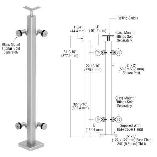 CRL 316 Brushed Stainless 36" P1 Series 90 Degree Corner Post Railing Kit