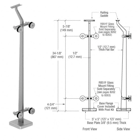 CRL Polished Stainless 180 Degree Center P5 Series Post Railing Kit