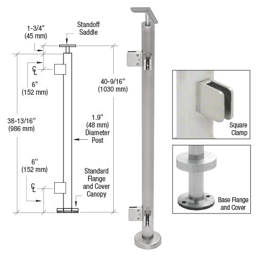 CRL Brushed Stainless 1.9" Diameter Square 90 Degree Corner Square Clamp Post Kit