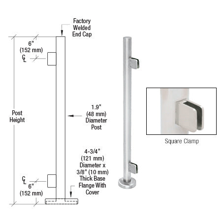 CRL Polished Stainless Steel Round 36" Tall End Post Kit With Square Clamps